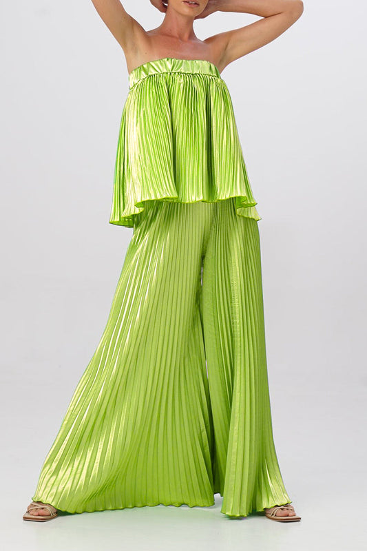 Elegante vestido de dos piezas liso plisado sin tirantes y sin mangas