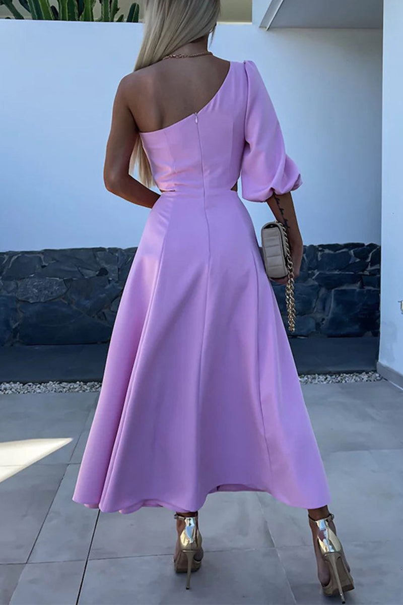 Vestidos elegantes de celebridades con aberturas sólidas, flores asimétricas, cuello oblicuo, línea A (4 colores)