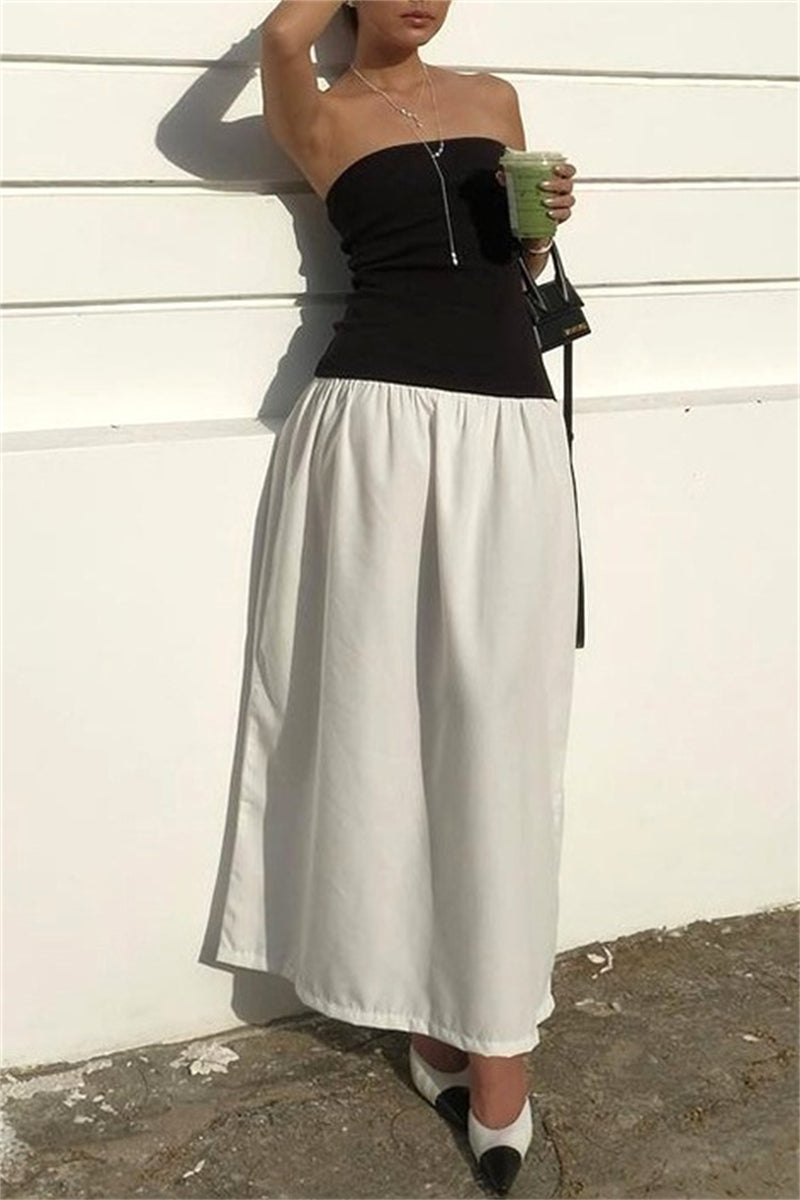Vestidos largos casuales sin tirantes, con espalda descubierta y contraste de patchwork