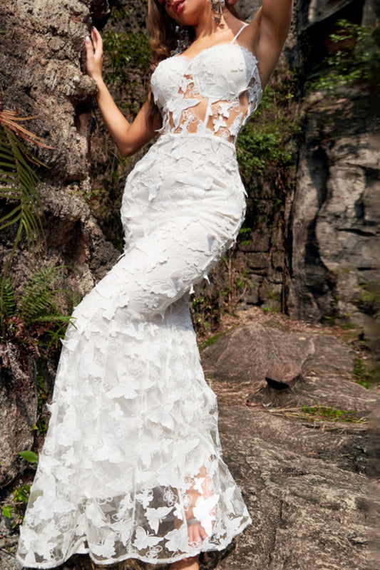 Vestidos largos sexys formales con tirantes finos, transparentes, de retazos sólidos y espalda descubierta