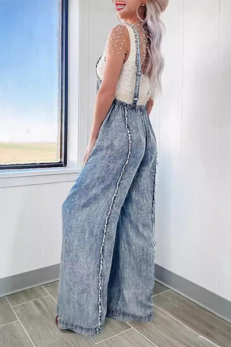 Mono vaquero holgado informal de calle con parches sólidos, espalda descubierta, cuello cuadrado, sin mangas