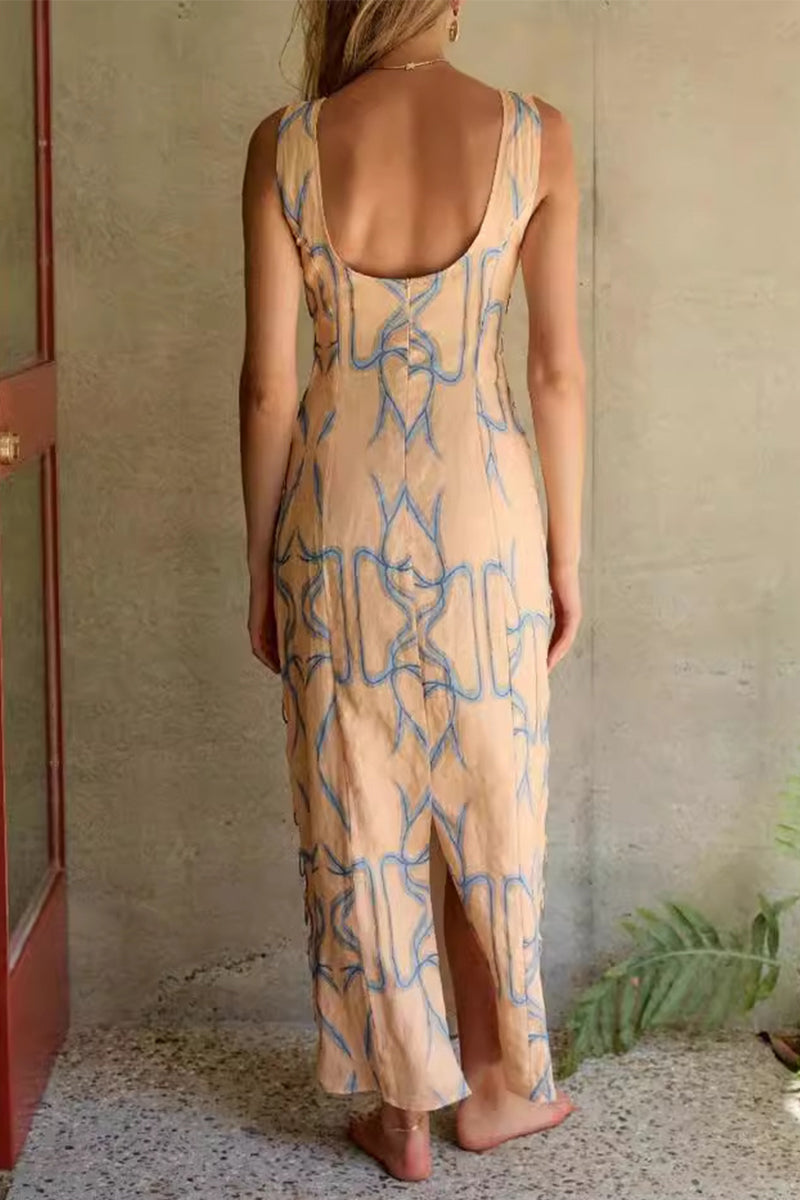 Vestidos casuales con falda de un solo paso, con accesorios geométricos de metal sólido y decoración, sin espalda y cuello redondo