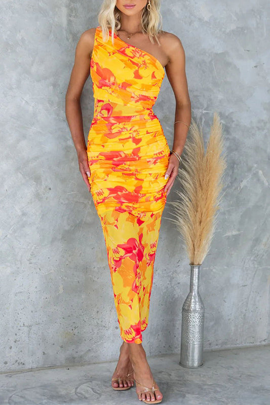 Sexy Gradient Print Fold Oblique Collar One Step Skirt Dresses