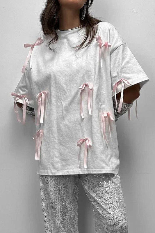 Camisetas lisas de cuello redondo con lazo para uso diario