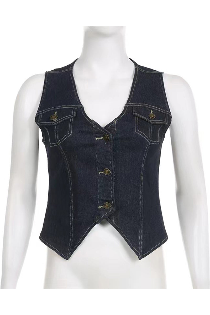 Chaqueta vaquera informal de corte regular, sin mangas, con cuello en V, botones y bolsillos lisos