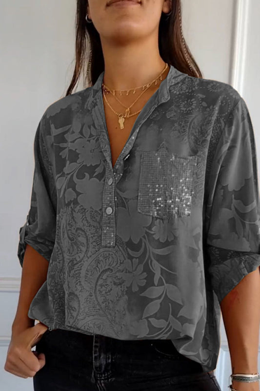 Floral Pocket Contrast Mandarin Collar Blouses(10 Colors)