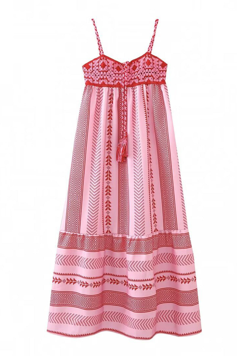 Vestidos sexis de vacaciones con estampado geométrico, patchwork de flores y gancho, cuello en V y tirantes