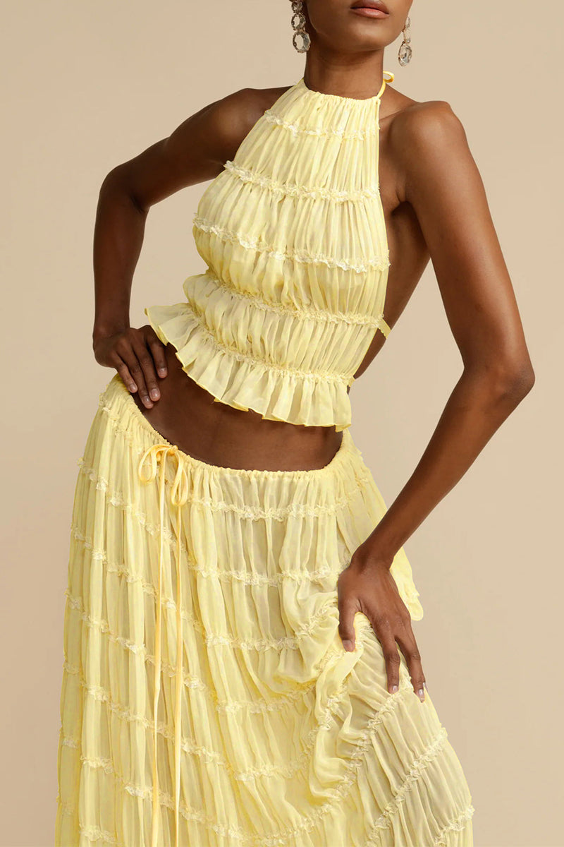 Traje de baño sexy de vacaciones sólido con frenillo transparente, sin espalda, halter, sin mangas, dos piezas