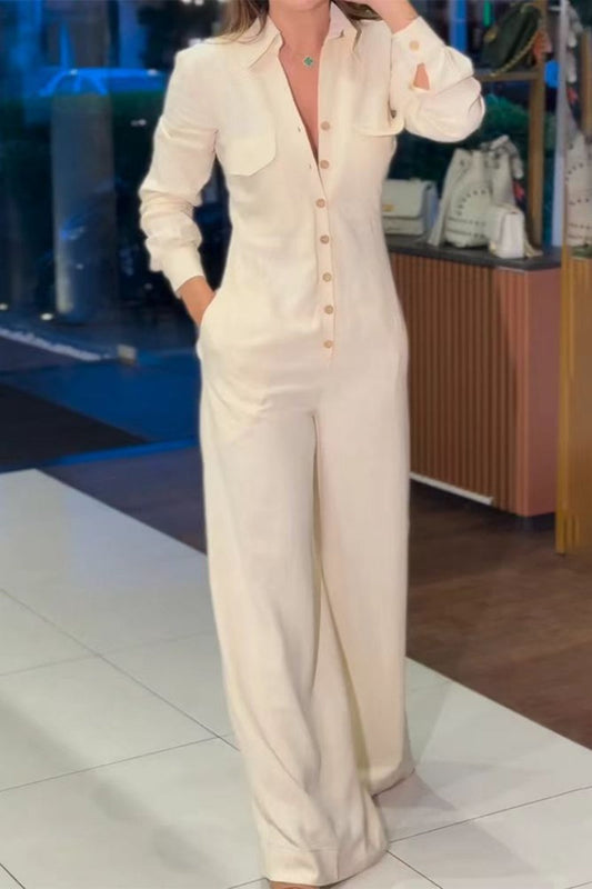 Monos casuales de color sólido con bolsillos y cuello vuelto