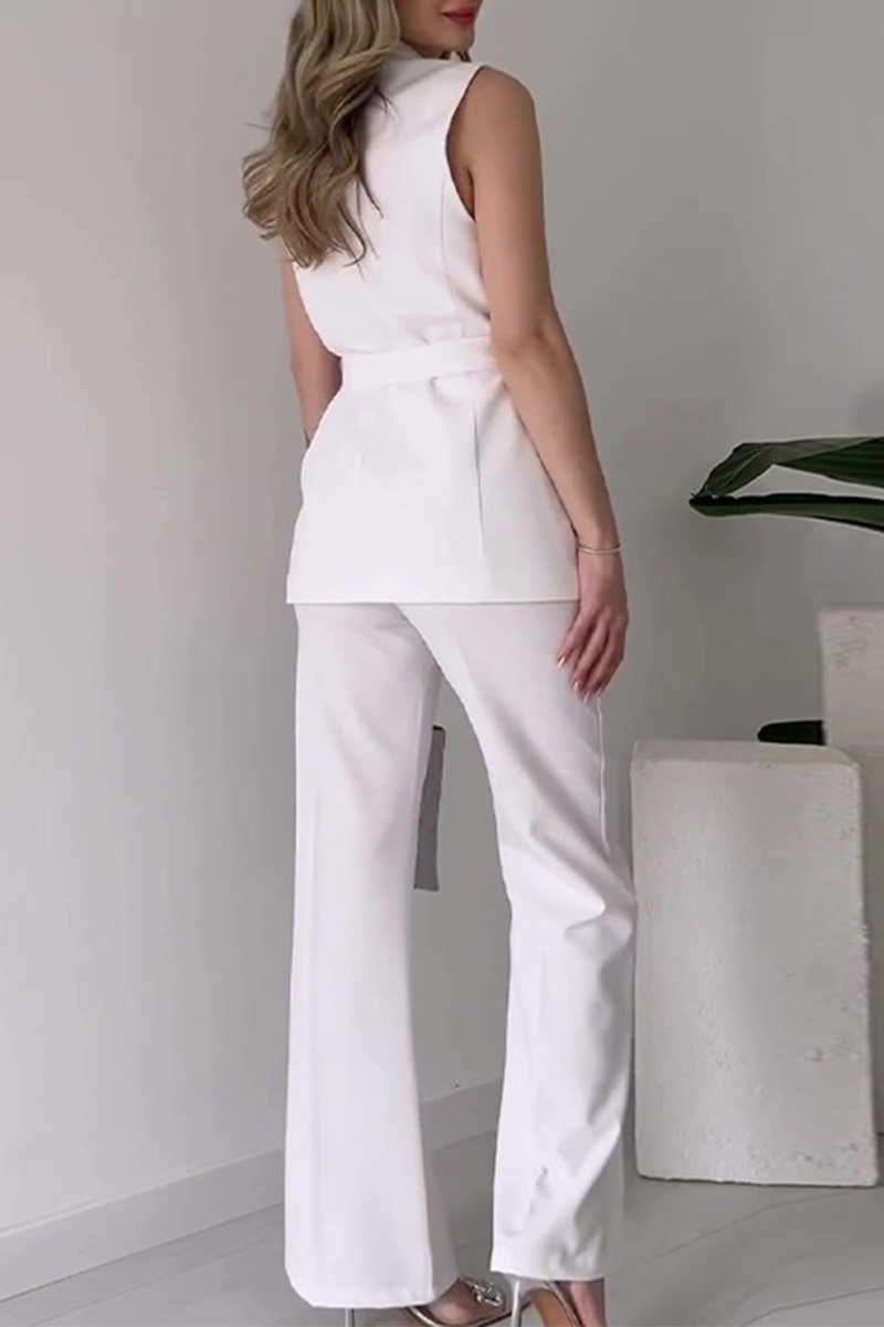 Conjunto informal de dos piezas con cuello en V, sin mangas, color sólido, con cordones (6 colores)
