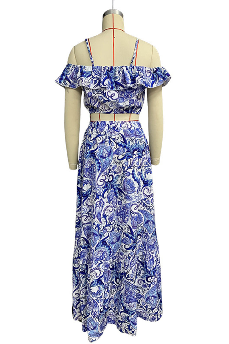 Conjunto informal de dos piezas con estampado floral y volantes de manga corta para vacaciones