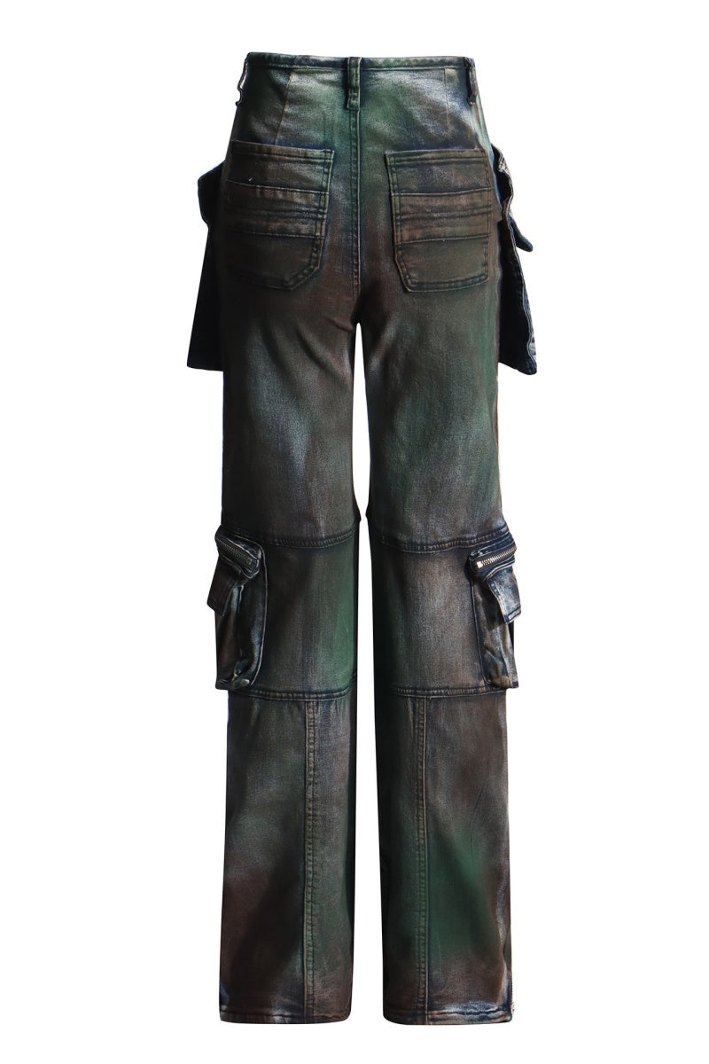 Vaqueros rectos de cintura alta con bolsillos y retazos informales