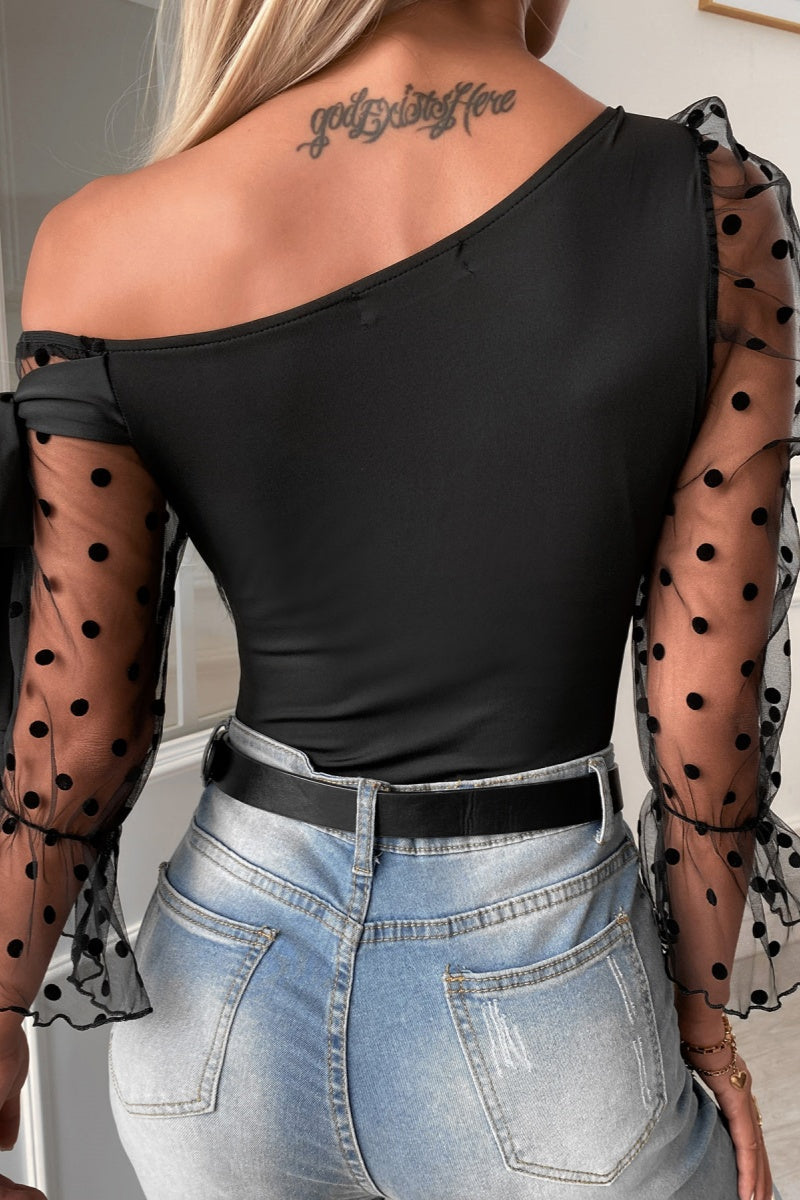 Tops casuales de cuello oblicuo con cinturón y patchwork