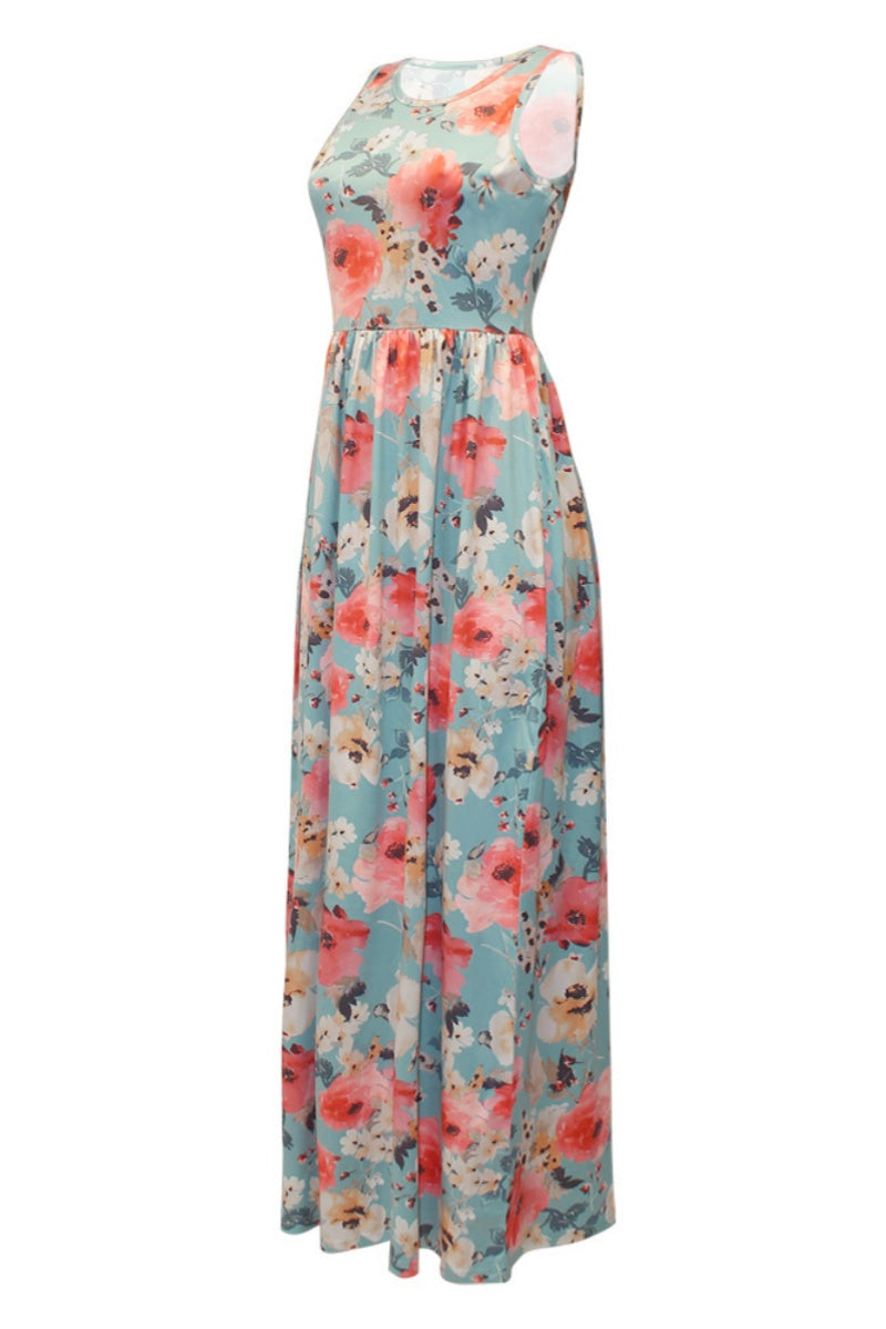 Vestidos largos básicos con cuello redondo y estampado floral informal