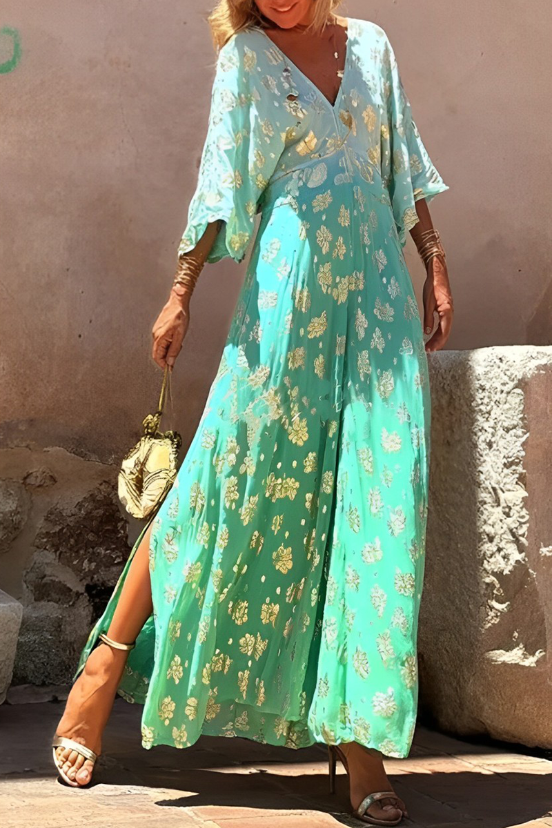 Mono holgado informal de cuello en V con estampado degradado y estampado bronceado para uso diario