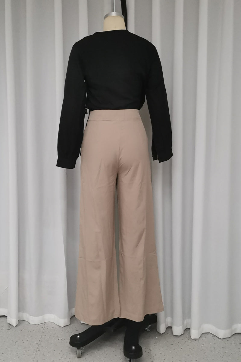 Conjunto informal de dos piezas con cuello en V, manga larga, color liso, bolsillos y botones para uso diario.