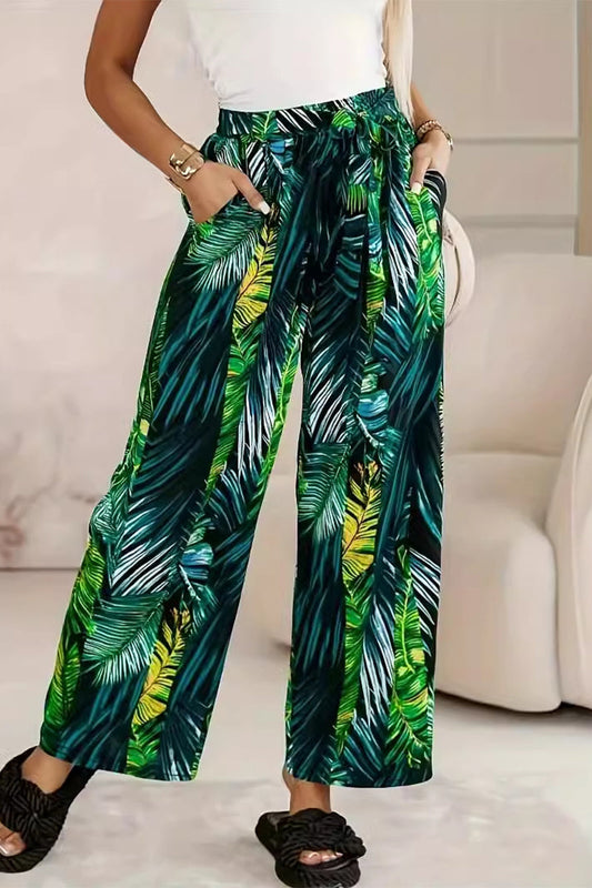 Pantalones casuales de vacaciones con estampado de hojas, bolsillo en contraste, sueltos, de cintura alta, rectos, con estampado completo