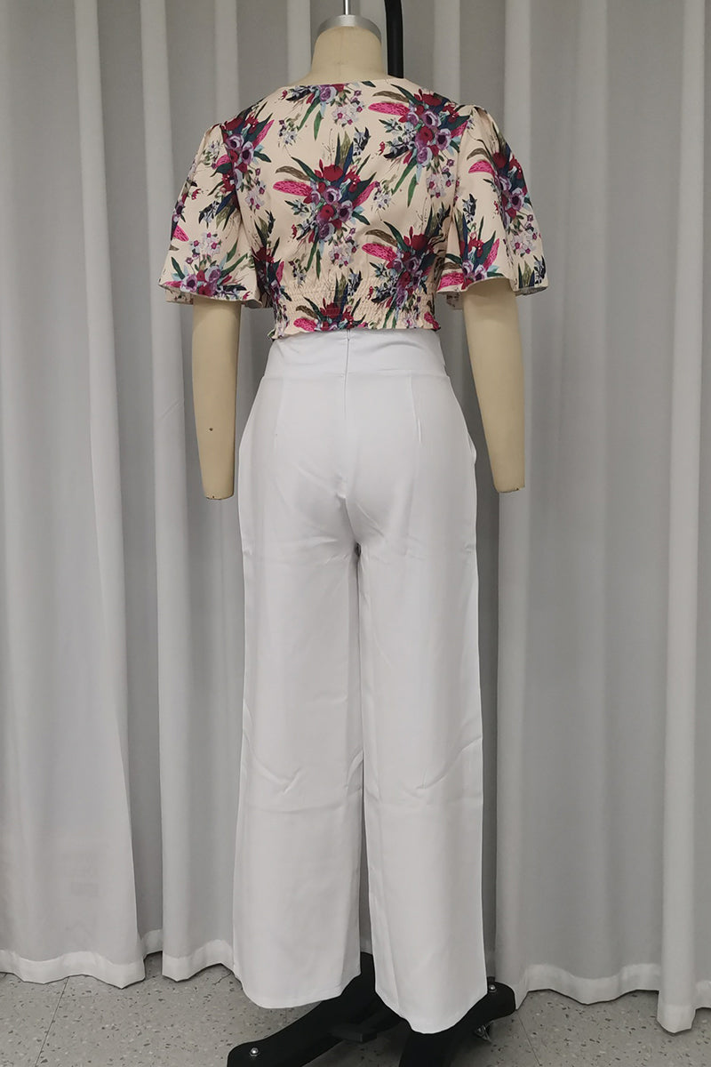 Elegante conjunto de dos piezas con estampado floral, bolsillo, cuello redondo y manga corta