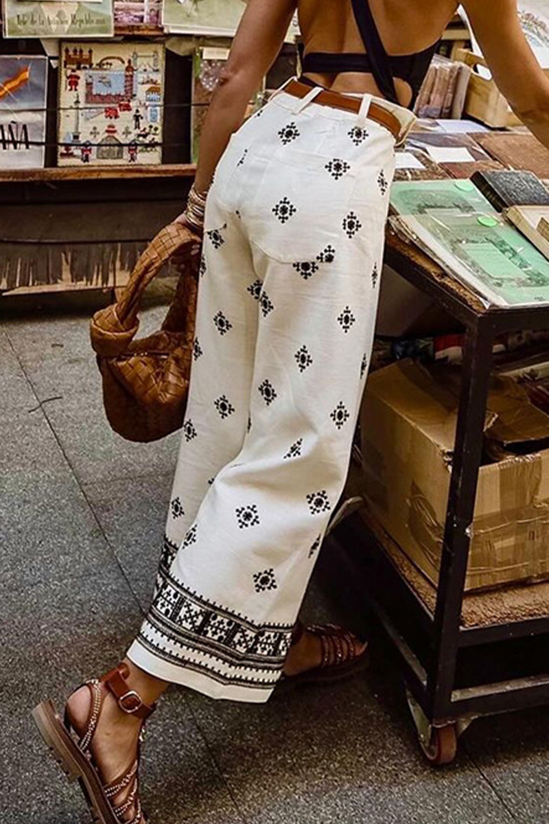 Pantalones casuales con estampado de bloques de color, bolsillos, sueltos, de cintura alta, rectos y estampado completo