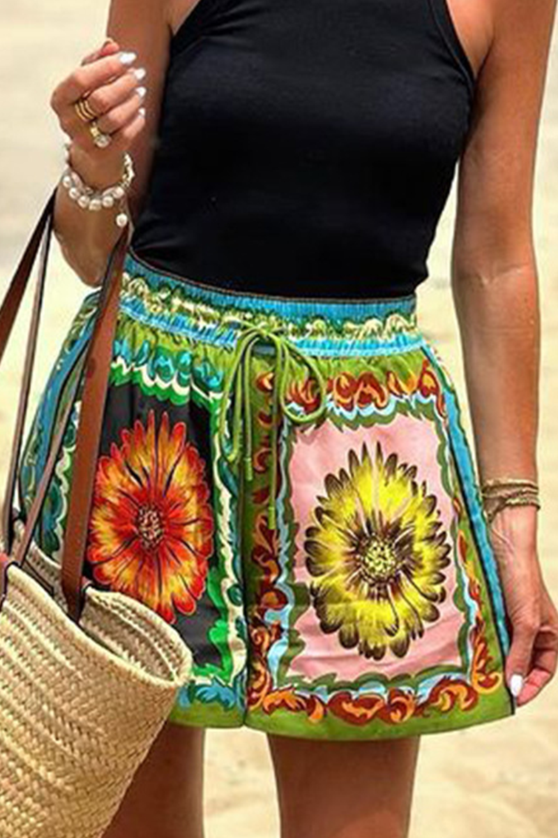 Pantalones casuales con estampado floral, cordones, cintura alta, holgados y estampado completo