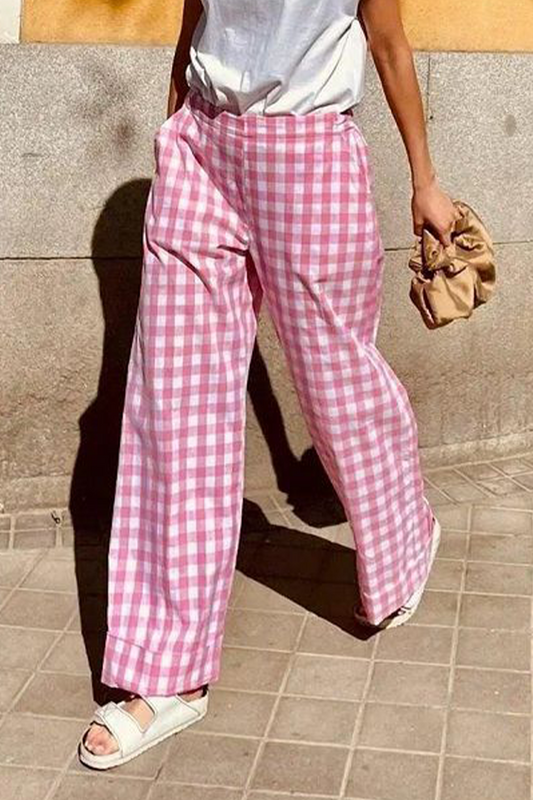 Pantalones casuales de diario con estampado completo, holgados, de cintura alta y rectos, con bolsillos y rayas a cuadros (4 colores)