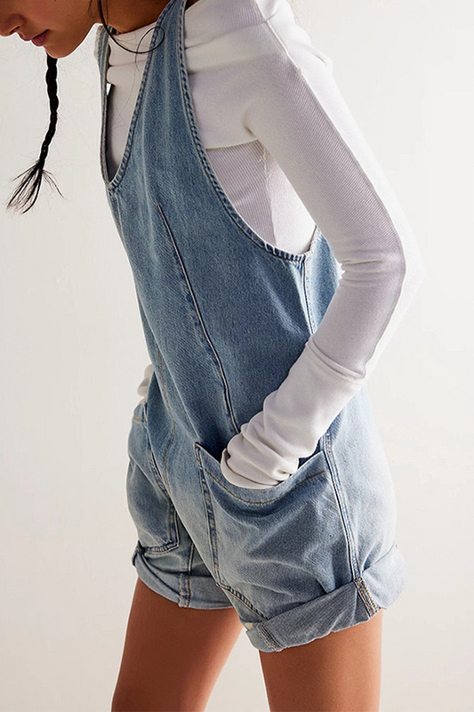 Mono vaquero recto informal de uso diario con estampado degradado, bolsillo en contraste, cuello en V, sin mangas