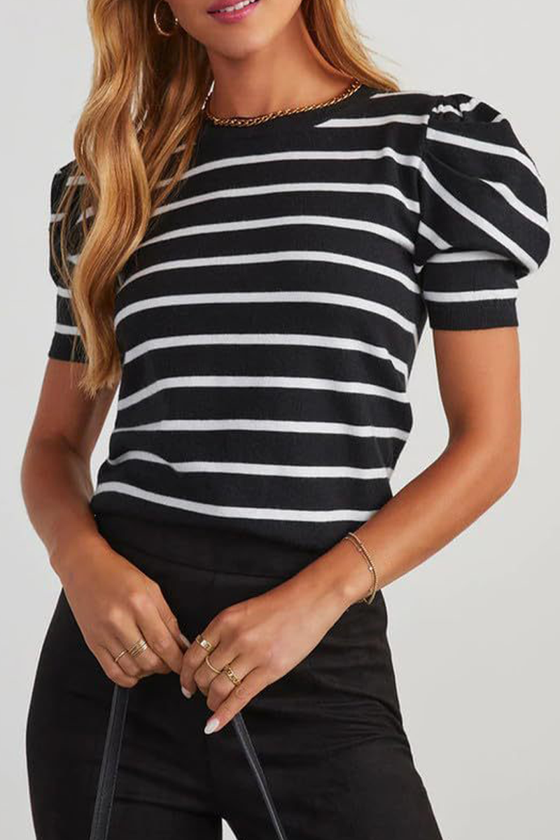 Camisetas casuales de rayas con cuello redondo y tejido fruncido (5 colores)