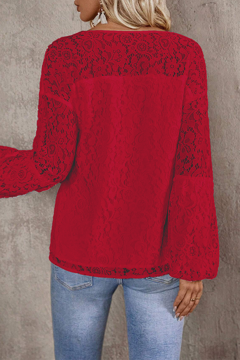 Blusa informal de color liso con encaje y flecos, cuello en V calado (4 colores)