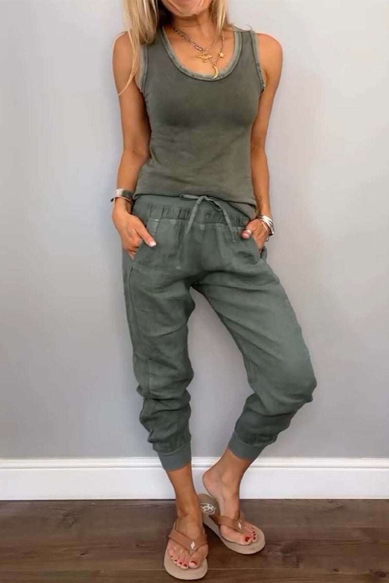 Conjunto informal de dos piezas para uso diario, color liso, con cordón, bolsillo, cuello en U, sin mangas (6 colores)