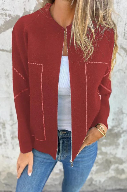 Casual Daily Pocket Patchwork Zipper O Neck Outerwear(8 Colors)