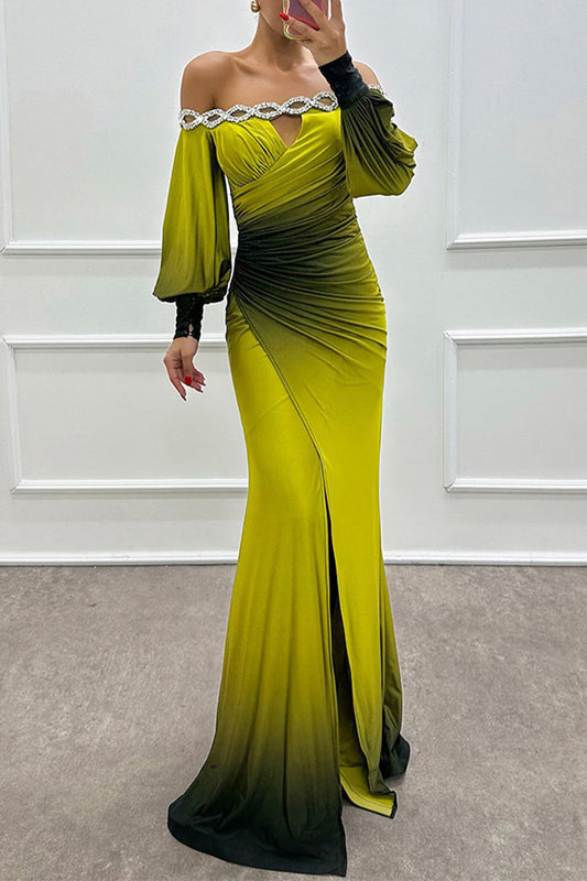 Vestidos largos sexys con hombros descubiertos, fruncidos, estampado degradado y aberturas para fiesta de graduación (7 colores)