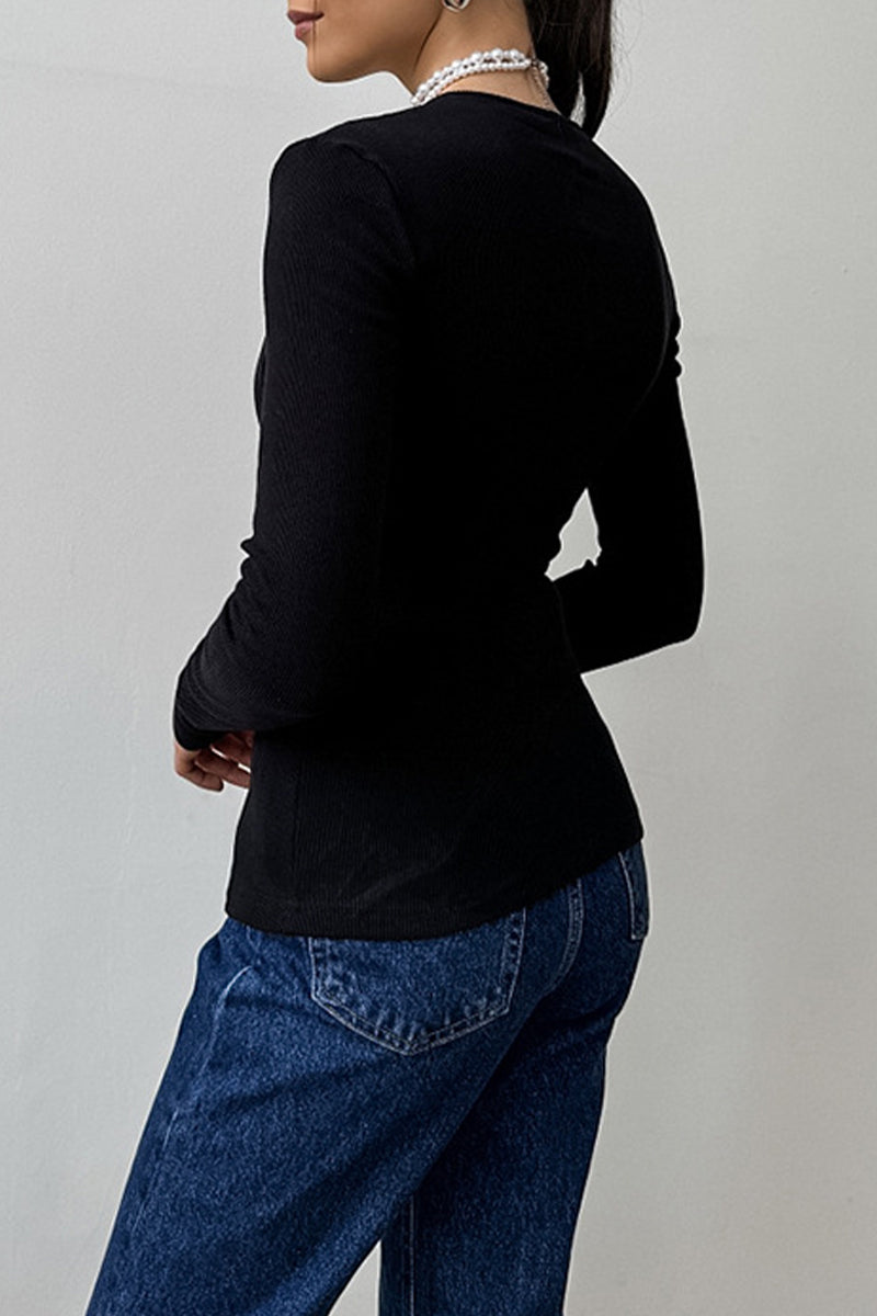 Tops casuales de cuello redondo irregular con botones de color sólido