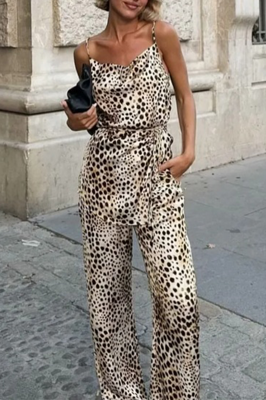 Conjunto de dos piezas con cuello en V, sin mangas, estampado de leopardo y encaje sexy