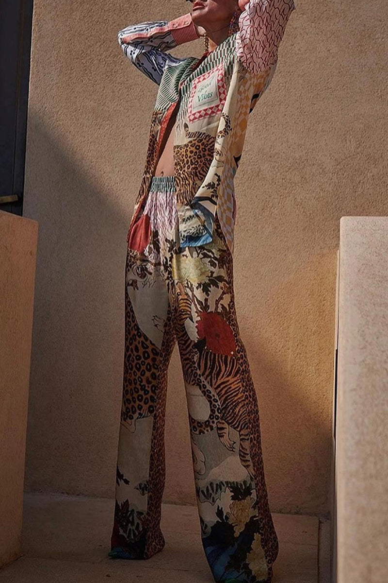 Conjunto informal de dos piezas con estampado de leopardo, botones, cuello vuelto en contraste, manga larga