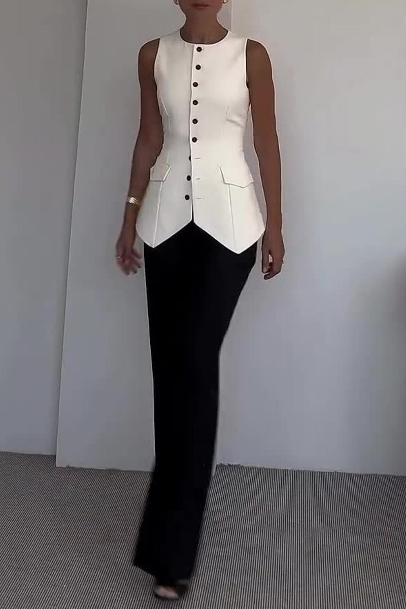 Conjunto de dos piezas sin mangas con cuello redondo y botones elegante para uso diario
