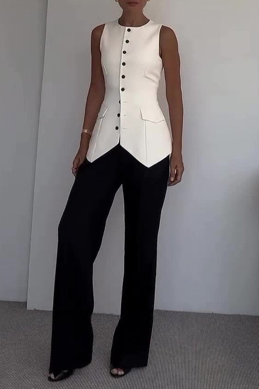 Conjunto de dos piezas sin mangas con cuello redondo y botones elegante para uso diario