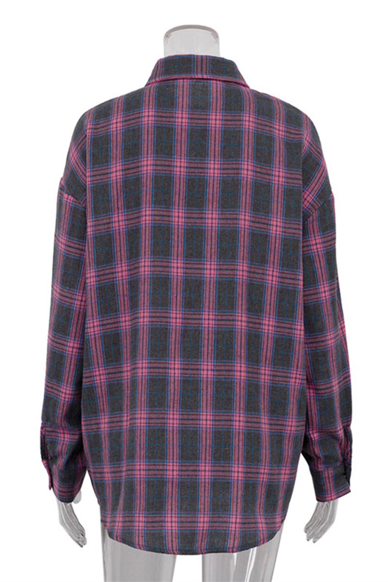 Blusa informal de calle con botones y bolsillos a cuadros, cuello vuelto en contraste (3 colores)