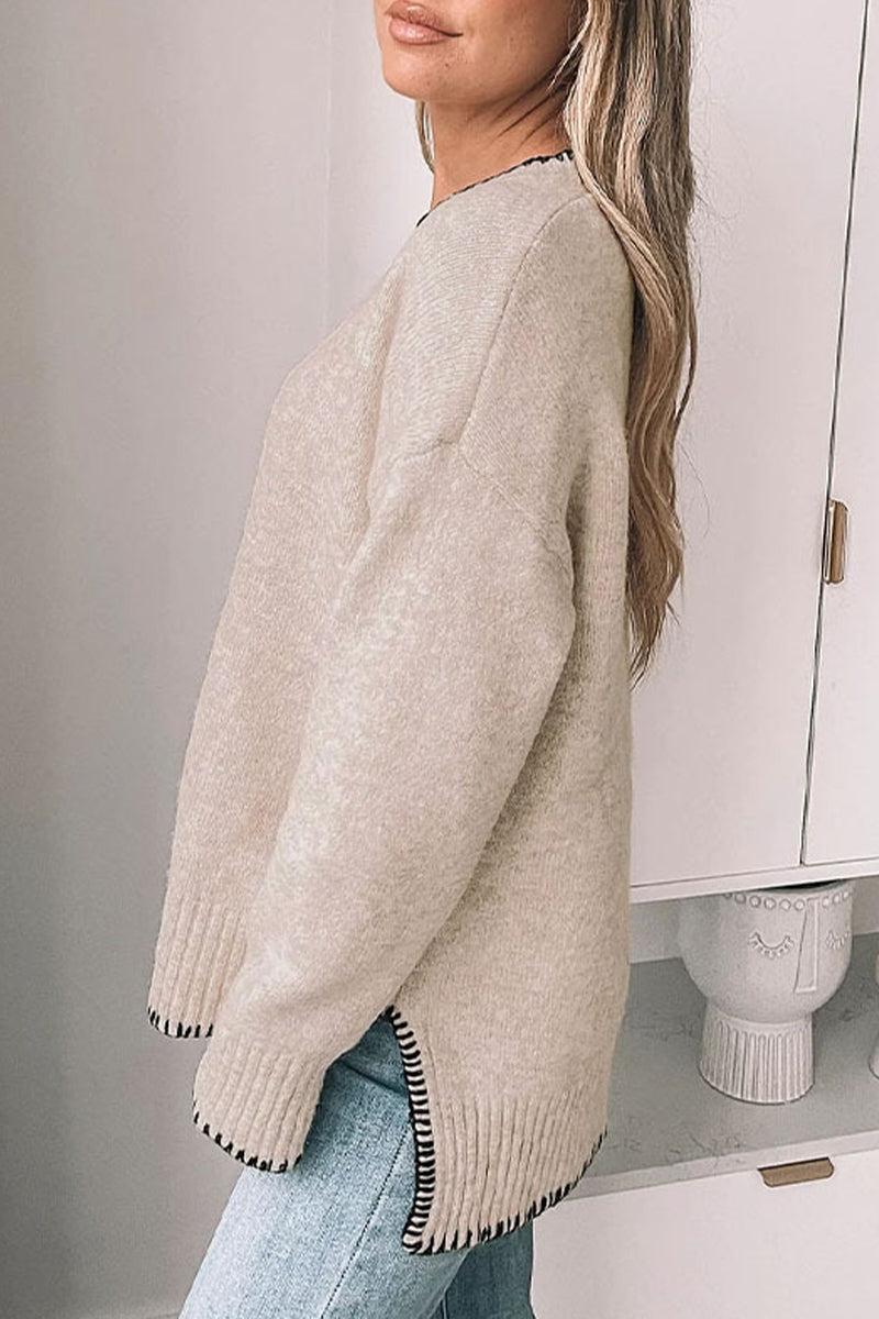 Casual Daily Solid Color Patchwork Contrast O Neck Sweaters(3 Colors)