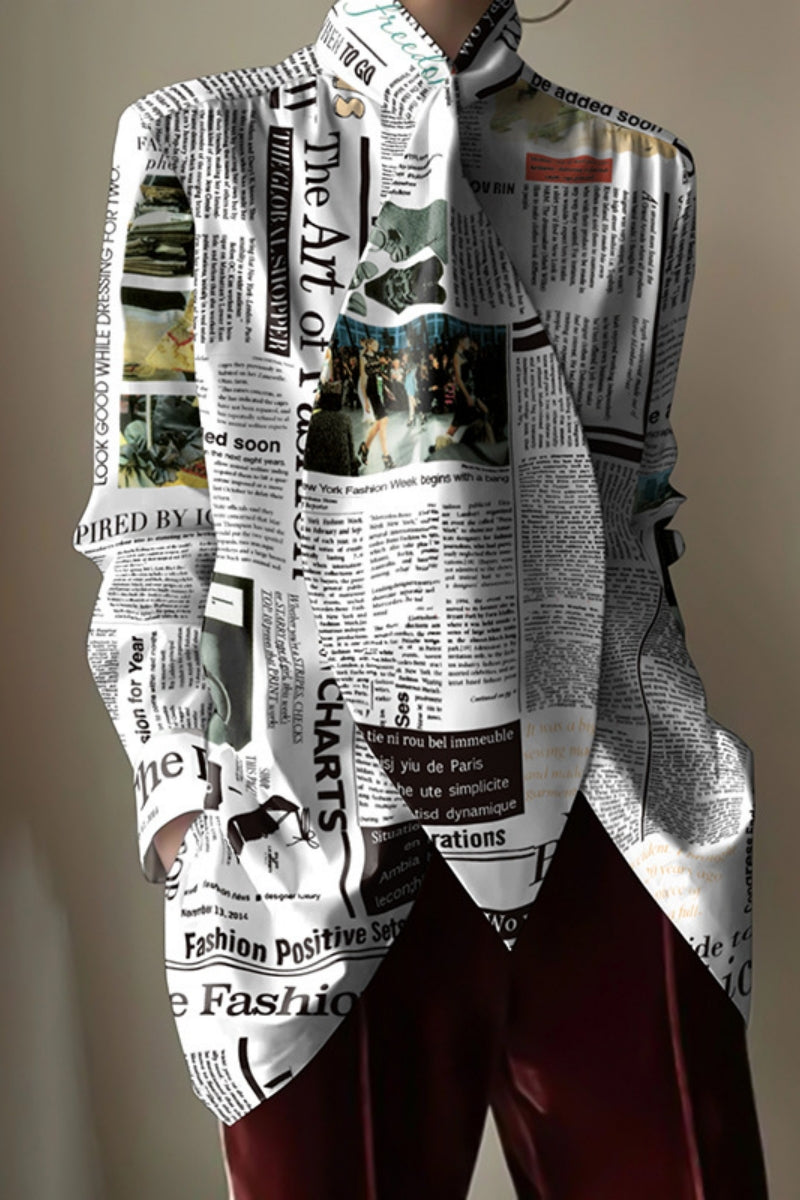 Blusas casuales con cuello mandarín y estampado de periódico