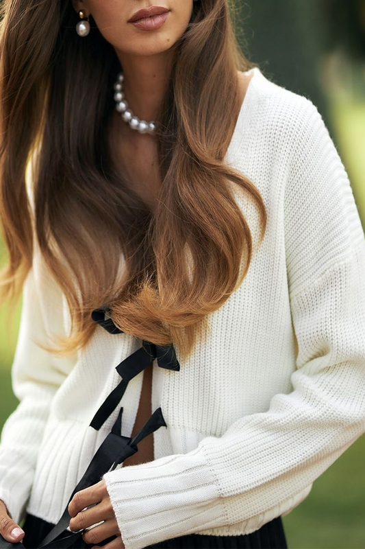 Prenda exterior informal con cuello en V y lazo decorativo (3 colores)