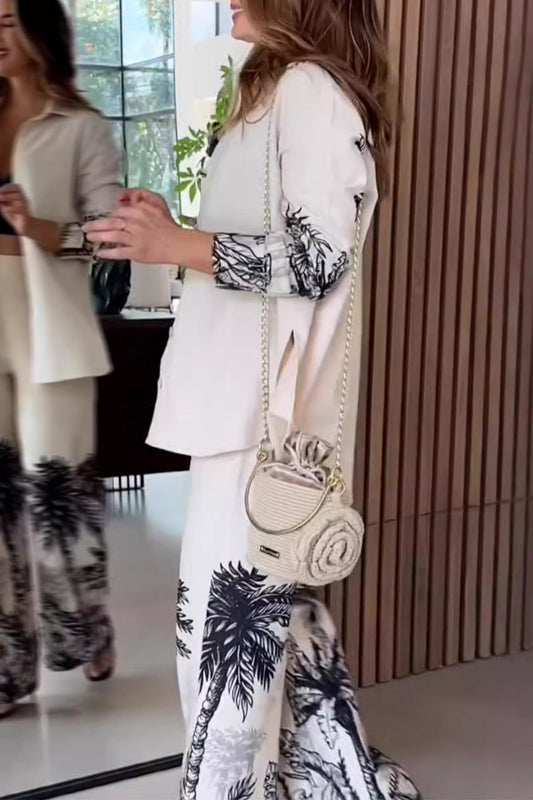 Conjunto de dos piezas con cuello vuelto, manga larga y botones con estampado de paisaje informal