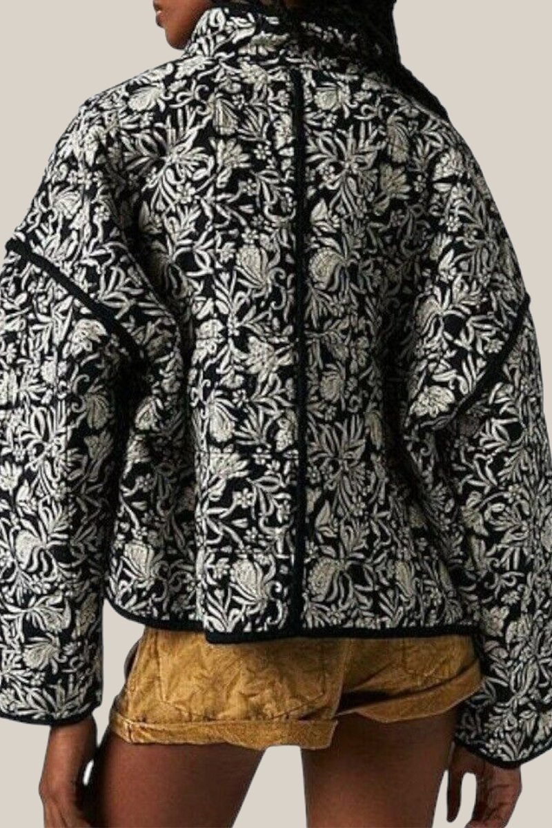 Prendas de abrigo informales con cuello mandarín, patchwork y bolsillos con flores en contraste (12 colores)