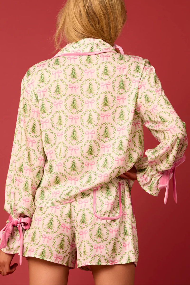 Conjunto informal de dos piezas con diseño de Papá Noel y árbol de Navidad, con cordones, cuello vuelto en contraste, manga larga (4 colores)
