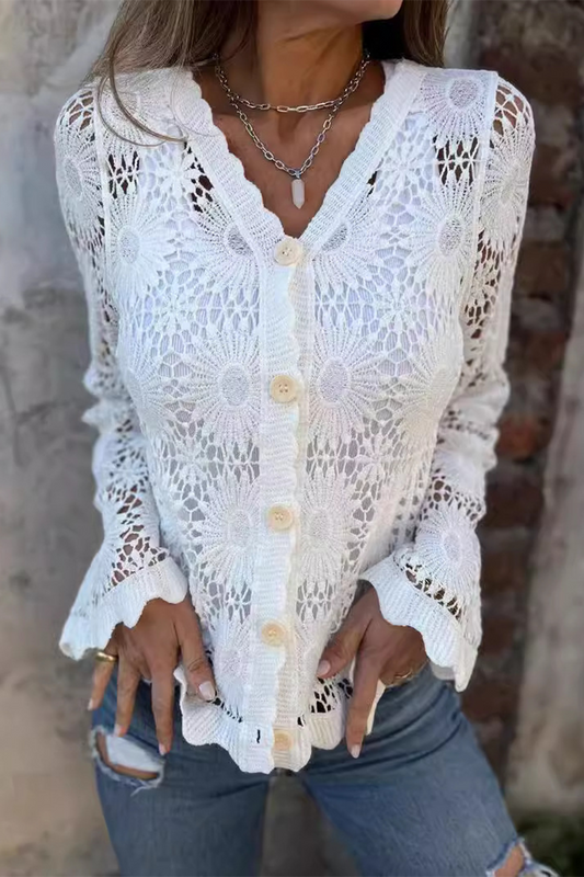 Casual Lace Hollow Out Buttons V Neck Blouses
