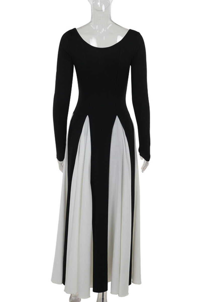 Elegantes vestidos largos con escote en V y patchwork en contraste