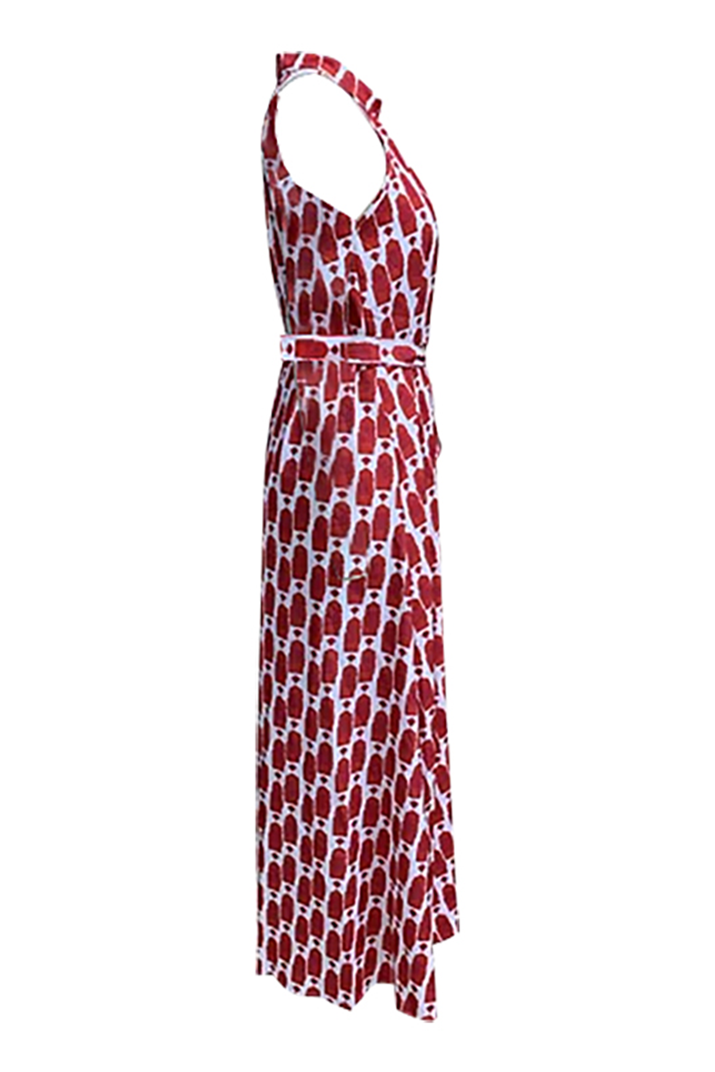 Vestidos elegantes de vacaciones con estampado geométrico, encaje, abertura en contraste, cuello halter, sin mangas