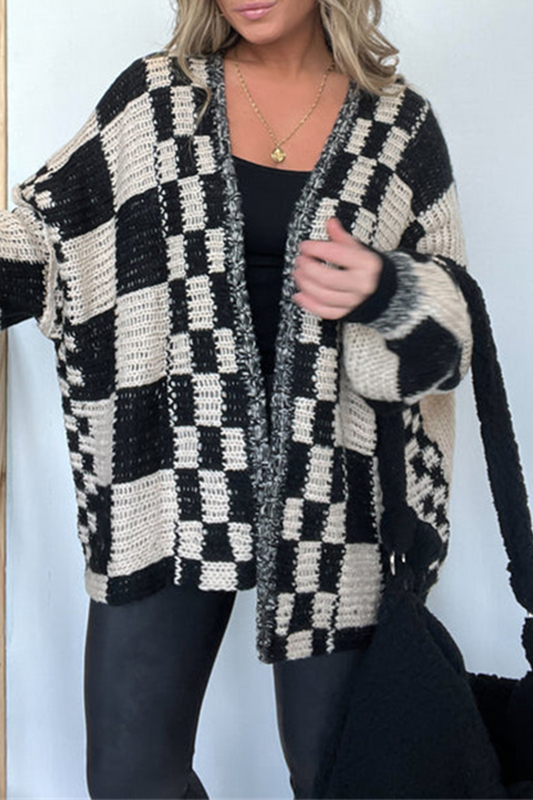 Casual Plaid Weave Contrast V Neck Outerwear(3 Colors)