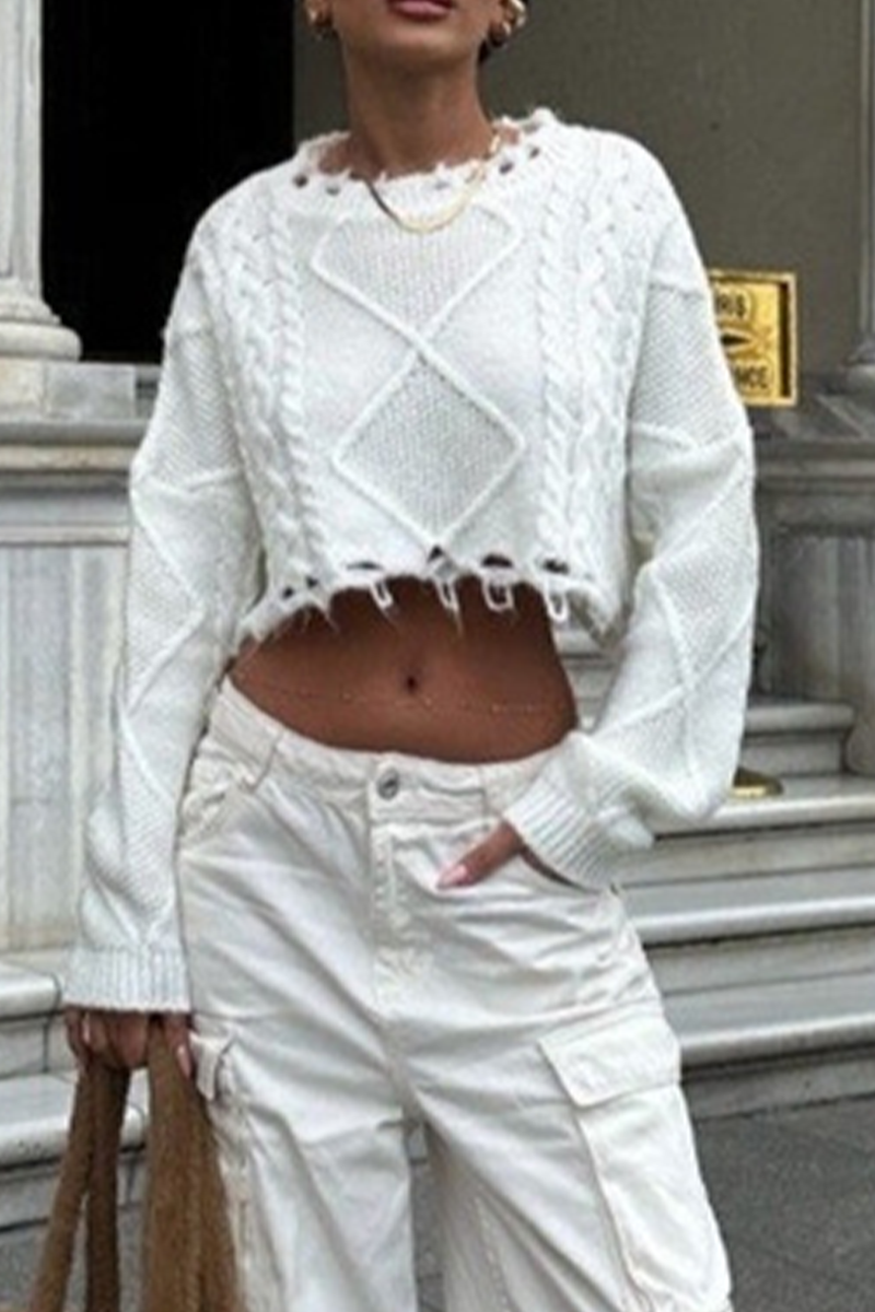 Suéteres casuales de cuello redondo con tejido rasgado de color sólido