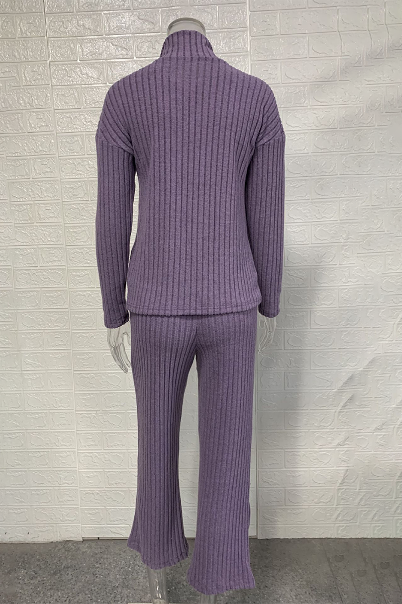 Conjunto informal de dos piezas con bolsillo, cremallera, cuello vuelto, manga larga (3 colores)