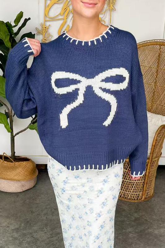 Suéteres casuales de cuello redondo con contraste y tejido de lazo